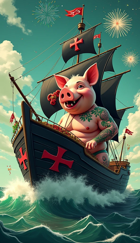 black ship black ship thick red maltese cross highlighted, big waves around, green birthday decoration, thick red maltese cross written Happy Birthday to You, A muscular pig, puffed out and shirtless, green tattoos, eating barbecue, black ship black ship thick red maltese cross highlighted, big waves around, green birthday decoration, thick red maltese cross written Happy Birthday to You, A muscular pig, puffed out and shirtless, green tattoos, sky with green and white fireworks