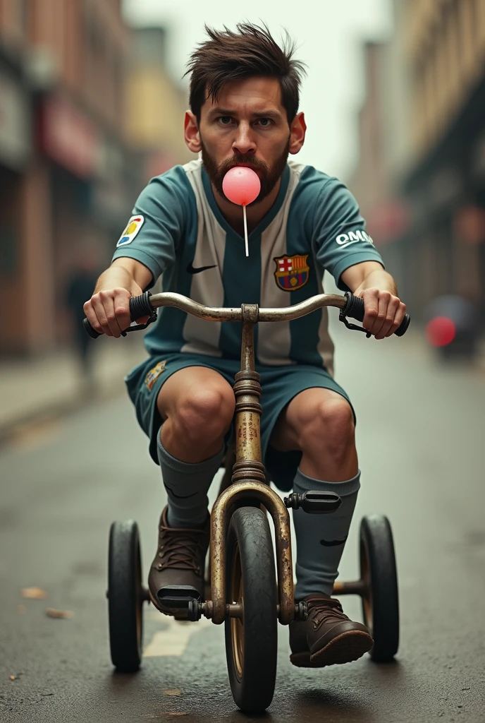 Make a hyperrealistic photo of football player Leonel Messi riding a tricycle sucking a lollipop