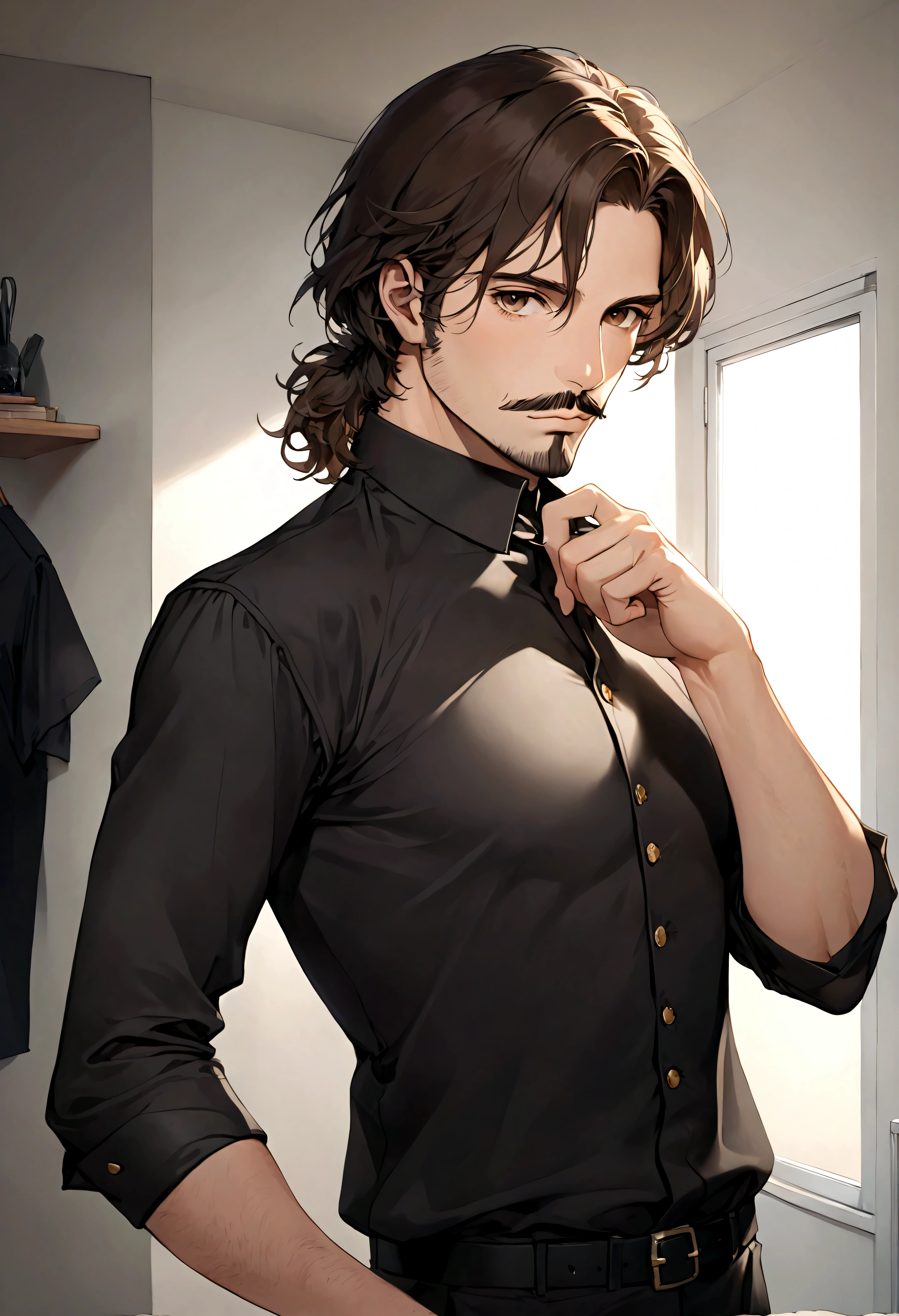 (men&#39;s tuxedo), ), ((Van Dyke style mustache and (goatee) "Van Dyke", Van Dyke beard)), (light brown eyes), Attractive and serious appearance, very long hair oscuro, messy hair, Elegant and stylish, Strong Body T-shirt , A man similar to actor Jim Morrison with long hair, ((very long hair)) (Realistic and high quality image), Scandinavian apartment in simple one room background, ((The best quality, 8k, masterpiece).((Dynamic pose))