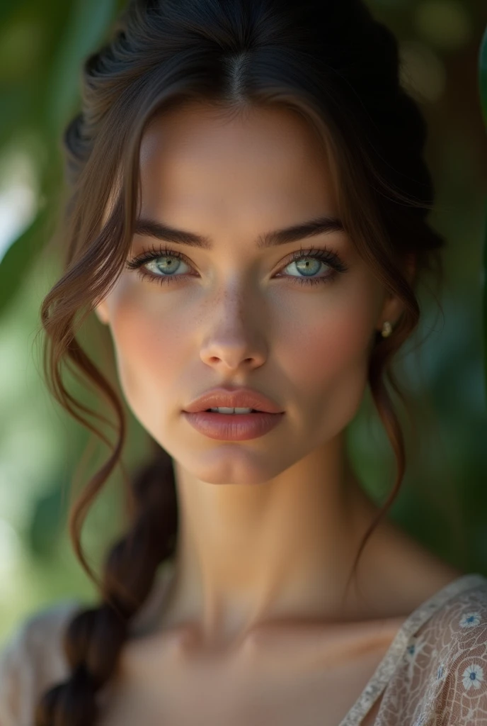 Sharp focus, 4k texture, Sophisticated, very elegant, very detailed, natural skin texture 24mm; cinematic aspect
beautiful woman; very light blue eyes, very dark brown hair; glamorous mouth, big eyebrow; ultra realistic photo