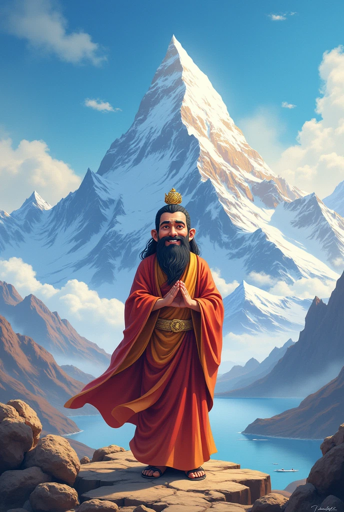 A cartoonist AI image of God with a background of kailash