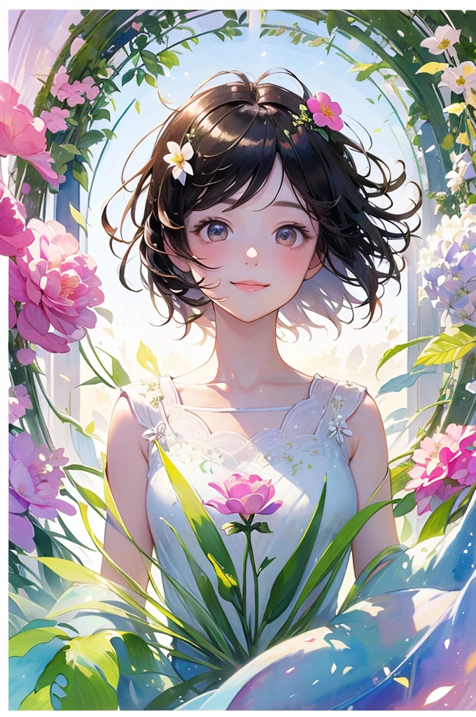 (masterpiece、highest quality、highest quality、Beautiful and beautiful:1.2)、Good anatomy、（Watercolor 1.5）、Composition looking up from a low position、Drawing of a girl with straight short hair、Beautiful smile、Flower Fairy、pure、Charm、looking at the camera、Flowers and leaves、Botanical Art