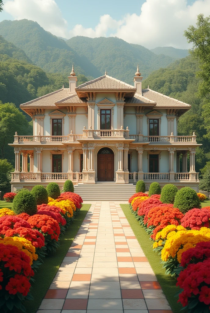 2 story building that is very very lengthy and well organized sorrounded by flowers especially red and yellow 

