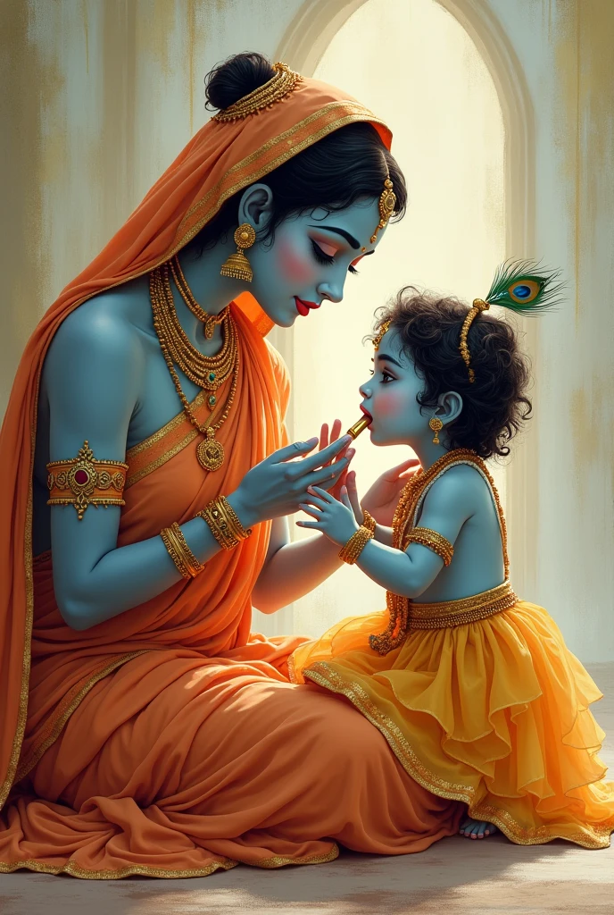 Yashode feeding little Krishna . Krishna is depicted like a little cute girl here. Both yashode and Krishna face clear, both are looking straight. decorated as Lord krishna, with flute in hands