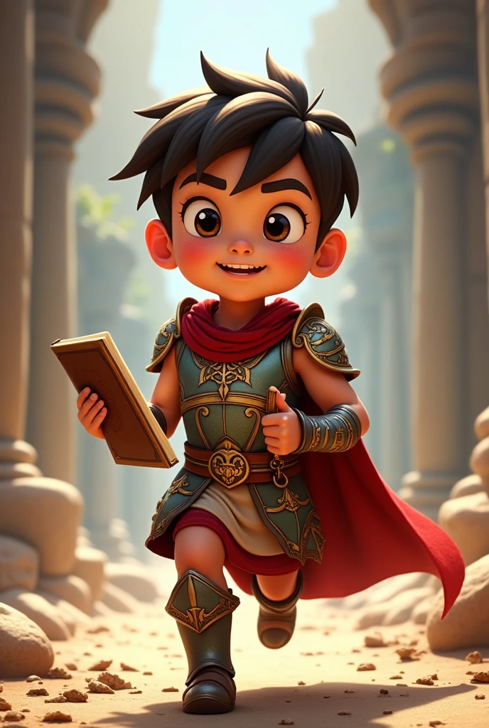 Animated boy in biblical warrior costume with armor in action with notebook and pencil
