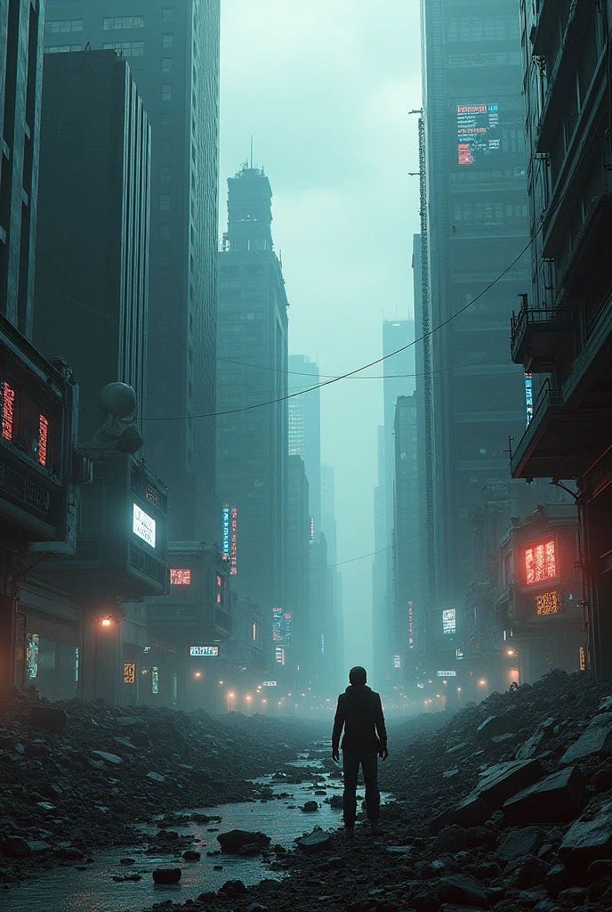 Create an image for the cover of Chapter 6 of the book '2067', where a futuristic city is depicted completely destroyed, due to a virtual reality game that has contaminated people's minds. The image should convey the feeling of chaos, desolation and destruction, with destroyed buildings, empty streets and the striking presence of technology. Use dark and cool colors to create a dark and desperate mood, and ensure that the message conveyed is impactful and exciting for readers.