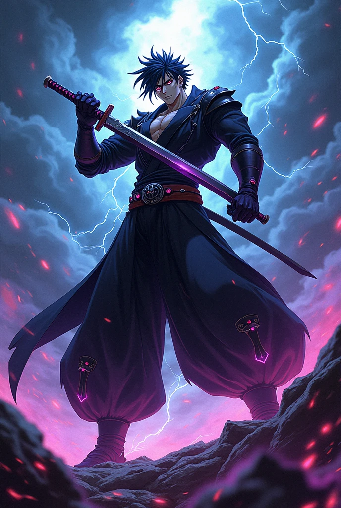 Goku Black, back faced toward camera, holding scythe downward, standing on building looking down , pink spikey hair,pink particles, 4K, hyper realistic, high detail, camera far away, rundown city background, Black Gi, Red belt, white boots
