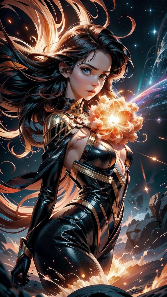 Illustrate the dramatic moment when the Co-creator, a majestic entity, is creating the universe. Show the initial explosion, similar to the Big Bang, with a wave of light and energy radiating outwards. The Co-creator tries to contain the force of the explosion, but is swallowed by the vortex created. The cover should capture the magnitude of the explosion and the desperation of the Co-Creator being sucked into her own creation., with a vibrant, contrasting color palette to emphasize the chaos