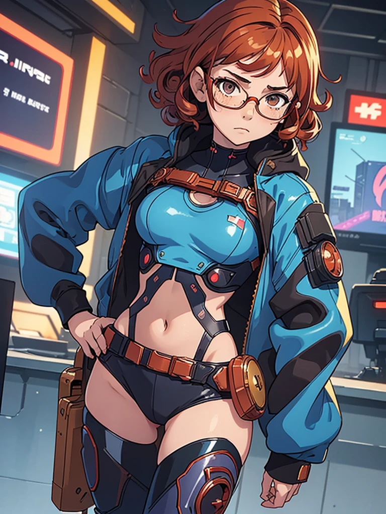 (masterpiece), (best quality),(1 girl),adult, red copper hair,(brown eyes),curly hair,(short curly hair), anime style, freckles, (small breasts),(petite figure), (blue outfit),(cyberpunk clothes)),(battle outfit),(badass outfit),legs, desert background, (gold glasses)