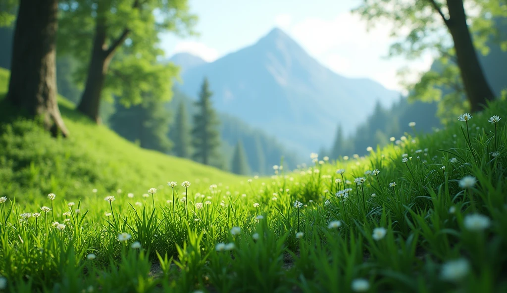There is a kind of grass under the laurel forest on the mountain，Shaped like chives but with green flowers（best quality，4K，8k，High level，masterpiece：1.2），Ultra Detailed，（lifelike，Photo real，Photo real：1.37），Realistic lighting，虚幻引擎4K壁纸，Summer Unreal Engine 5, Beautiful landscape rendering, Mountains and Oceans, Rendered in 8k Unreal Engine,，The most beautiful scenery，Epic shock