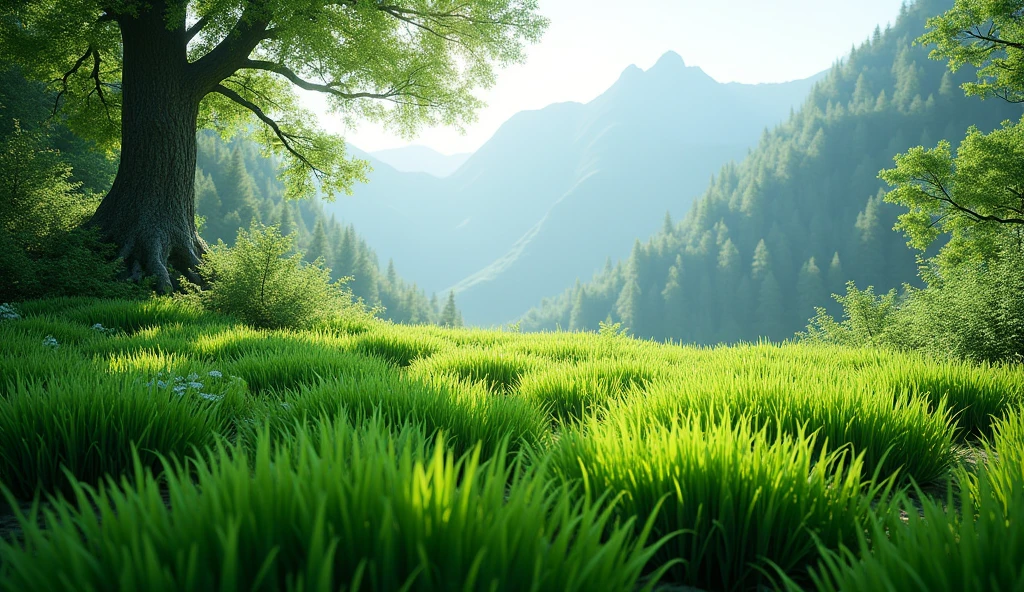 There is a kind of grass under the laurel forest on the mountain，Shaped like chives but with green flowers（best quality，4K，8k，High level，masterpiece：1.2），Ultra Detailed，（lifelike，Photo real，Photo real：1.37），Realistic lighting，虚幻引擎4K壁纸，Summer Unreal Engine 5, Beautiful landscape rendering, Mountains and Oceans, Rendered in 8k Unreal Engine,，The most beautiful scenery，Epic shock