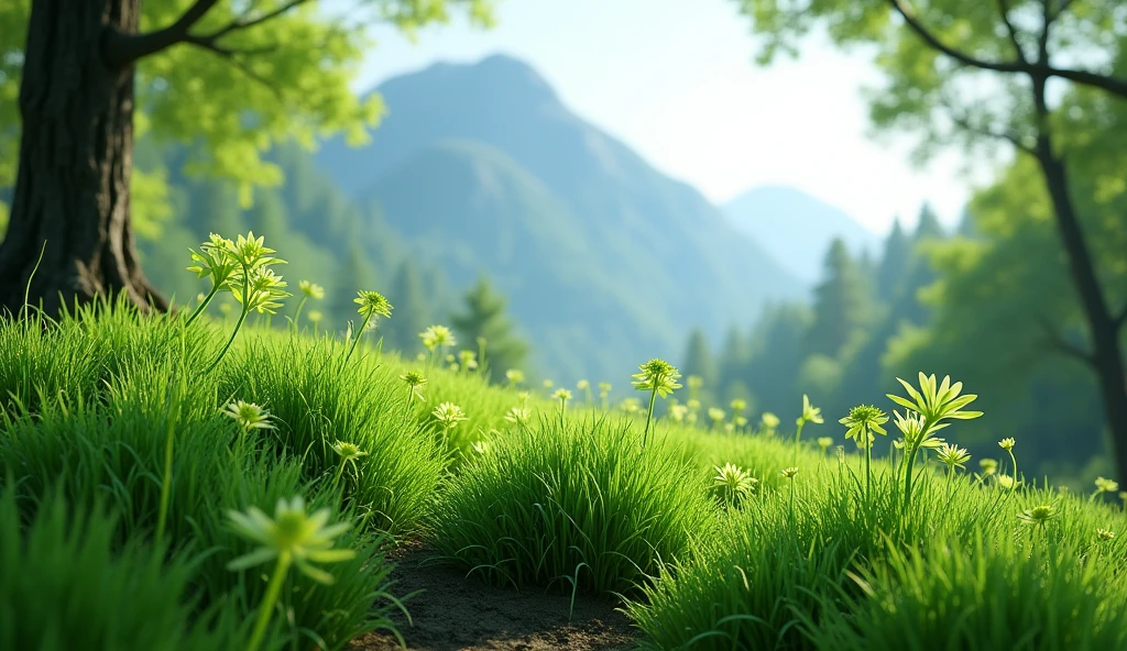 There is a kind of grass under the laurel forest on the mountain，Shaped like chives but with green flowers（best quality，4K，8k，High level，masterpiece：1.2），Ultra Detailed，（lifelike，Photo real，Photo real：1.37），Realistic lighting，虚幻引擎4K壁纸，Summer Unreal Engine 5, Beautiful landscape rendering, Mountains and Oceans, Rendered in 8k Unreal Engine,，The most beautiful scenery，Epic shock