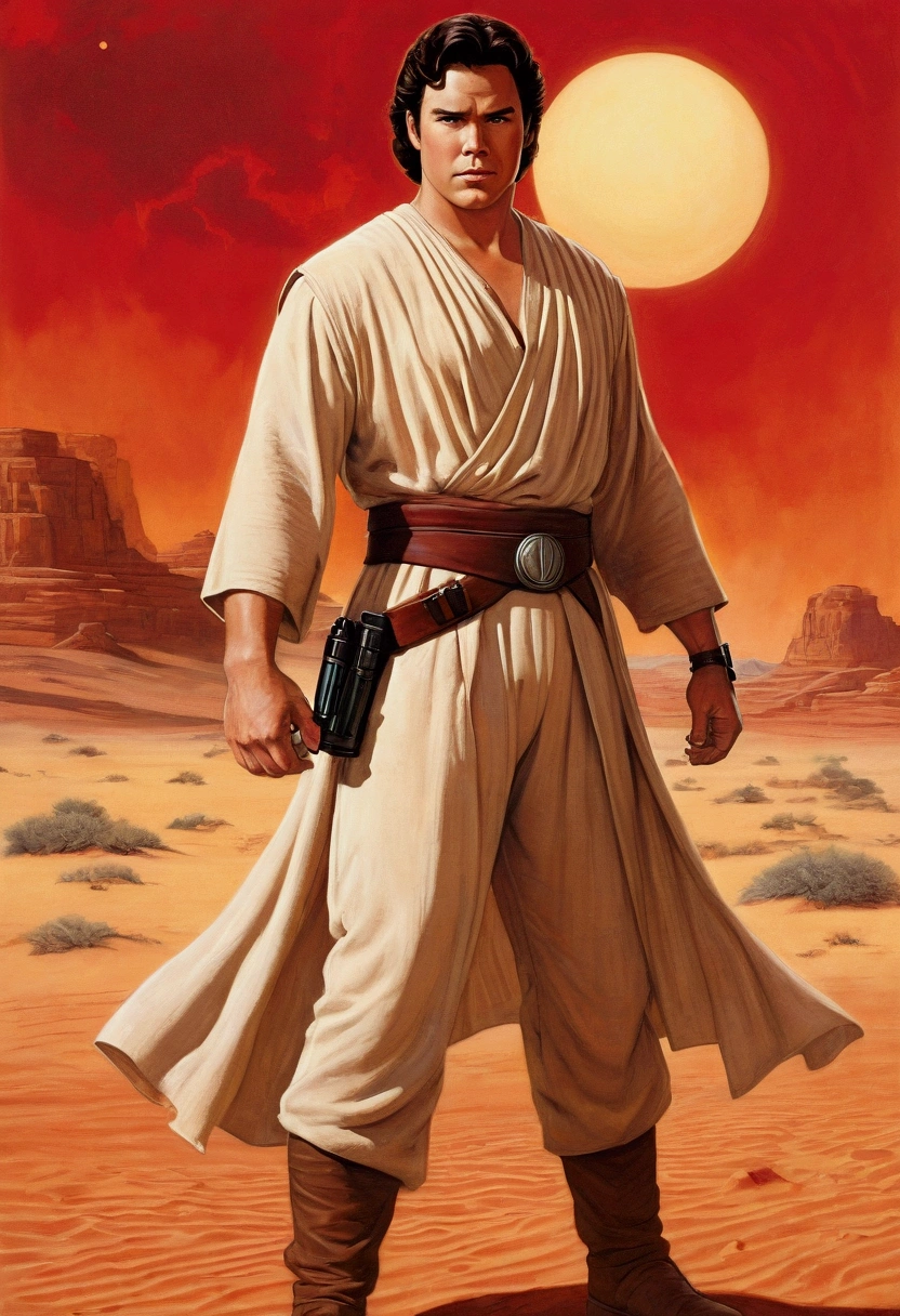 An illustrated movie poster, hand-drawn, full color, a Jedi, 21-years-old, male, wearing a beige tunic and trousers, portly figure, broad shoulders, muscular, brown eyes, brown-black hair, curly voluminous mane, sun-tanned skin, resembles Dean Cain, standing in a red desert, graphite shading, stencil marks, airbrushed acrylic paint, masterpiece, in the style of Drew Struzan