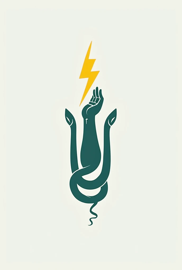 Let's make a logo with simple features, This should be something similar to the physiotherapy emblem, creates a vertical forearm and hand. The forearm must be harmoniously surrounded by 2 snakes, one on each side, which reach the wrist., ly in The hand must hold a 4-pointed yellow lightning bolt horizontally