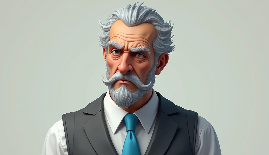 Make a 3D DRAWING of a serious and imposing character from Paranormal Order RPG, of an elderly gentleman in his fifties or sixties, he has gray hair, with a full mustache, sideburns and a goatee of the same shade, . He wears a white dress shirt underneath a gray vest., besides wearing a sky blue tie. make the person in the form of a drawing. make a 3d drawing of the character