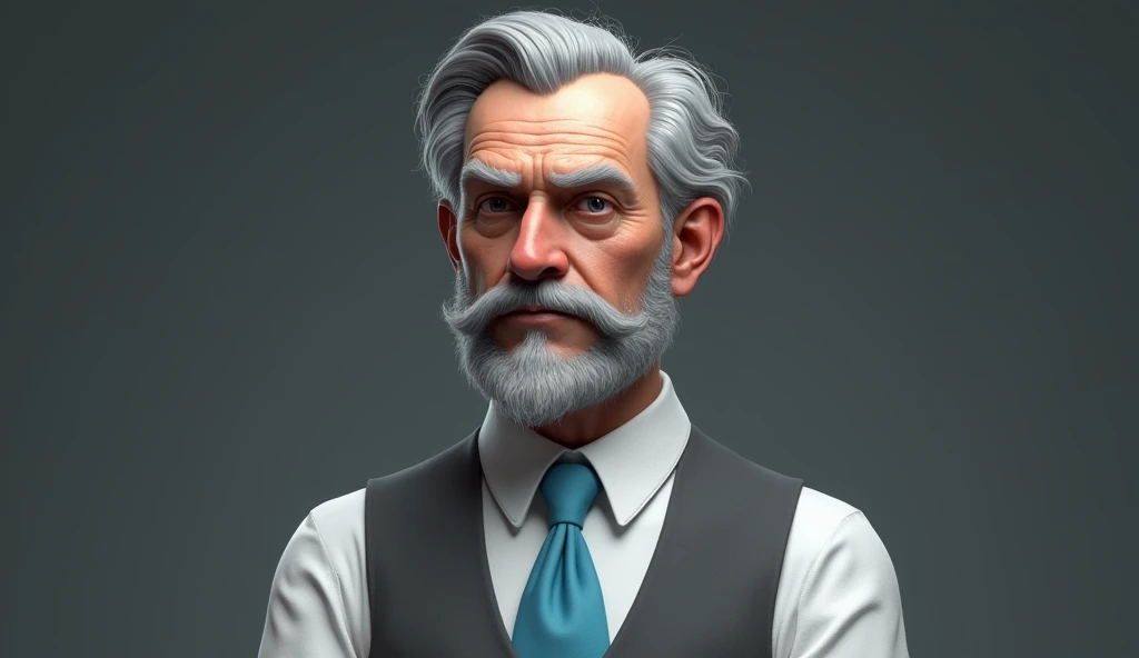 Make a 3D DRAWING of a serious and imposing character from Paranormal Order RPG, of an elderly gentleman in his fifties or sixties, he has gray hair, with a full mustache, sideburns and a goatee of the same shade, . He wears a white dress shirt underneath a gray vest., besides wearing a sky blue tie. make the person in the form of a drawing. make a 3d drawing of the character