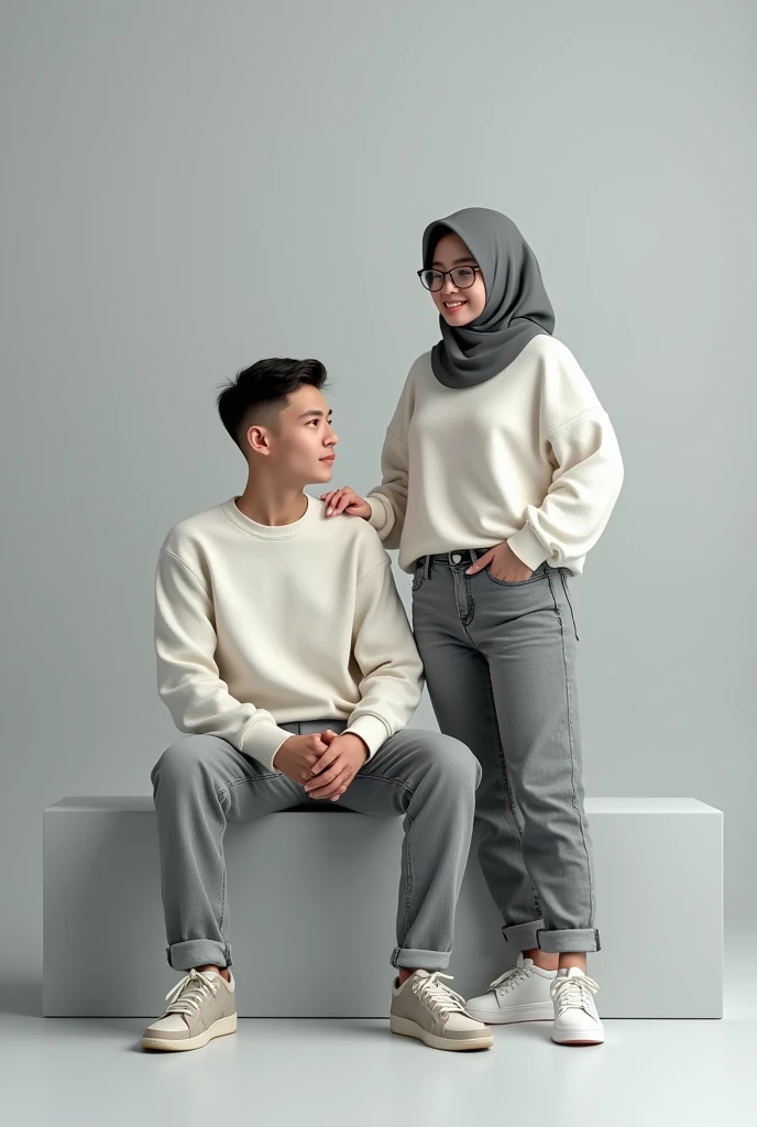 (photorealism) Indonesian couple aged 16 wearing white sweaters ,The short, skinny man sits in a gray box wearing gray jeans. ,casual shoes ,haircut (short slicked back) ,The woman standing next to him is wearing a gray hijab and gray jeans with sunglasses. ,background silver