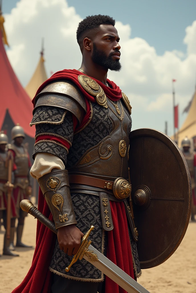 a young Black man, general's son, dressed in his medieval warrior clothes, his sword in one hand and shield in the other, short-hair, sem beard, few muscles, observing the training of the apprentices