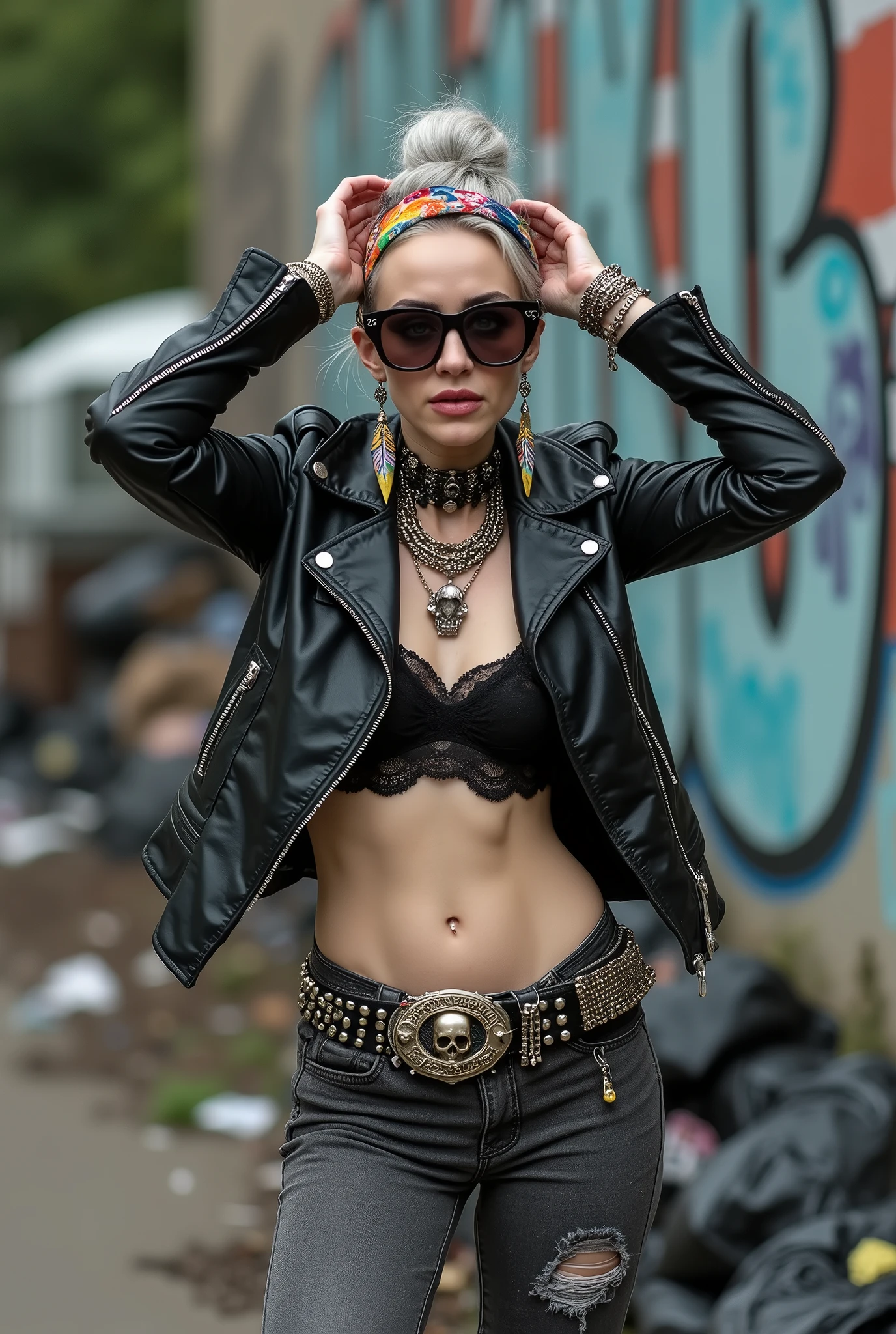 russian old milf woman,  grey hair (bougfant, top bun) and oversized square sunglasses and wide  colourful bandana as headband), with very light green eyes, extremely pale. Big lips. No tan. Wearing aged black moto jacket (zippers on the side, skull and bones pins).  Black lace push up bra, silicone breast,, dark skinny low rise grey jeans with holes on knees ( patched with colourful fabric). White tennis sneakers. Lots of thick wide studded bracelets, chain collars and big rings. Tacky wide studded leather belt with big skull and bones oval buckle. Long earrings with chains and feathers. Standing up, stretching her neck, craving. Hands up and touching her hair, Toned abdominals, thin neck, slim legs and thin arms. Narrow hips Graffitied wall behind, waste on the groun and piled garbage bags around