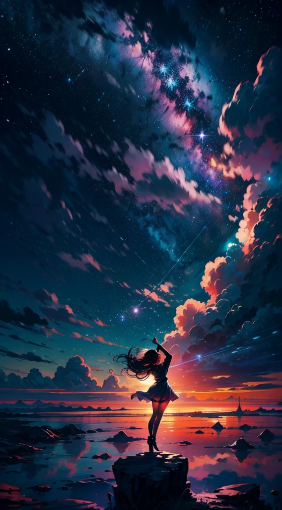 Perched upon a wispy cloud, a young girl gazes in awe at the breathtaking expanse above. The night sky comes alive with a sea of stars, twinkling like diamonds scattered across a velvet canvas. Cosmic phenomenons swirl and dance, painting streaks of vibrant colors across the vastness of space. With her hair gently tousled by the celestial breeze, the girl's silhouette stands as a witness to the beauty of the universe. Serene and filled with wonder, she becomes a part of this cosmic symphony, her presence illuminating the infinite possibilities that lie beyond the clouds.