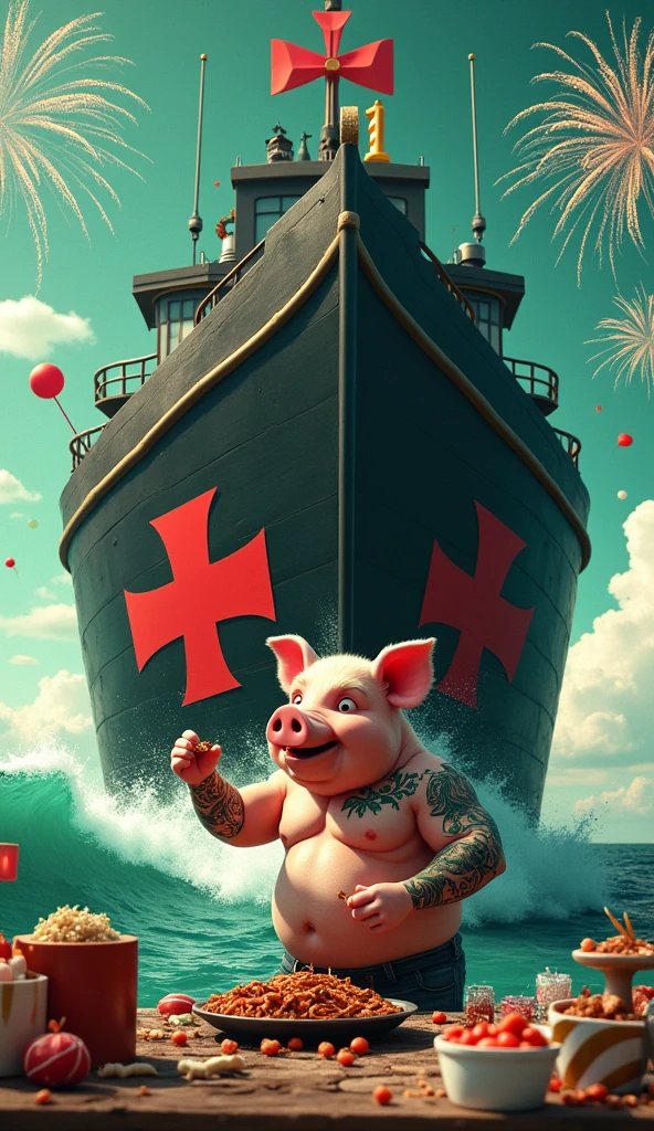 A muscular pig, puffed chest and shirtless, green tattoos, celebrating his birthday on the black ship black ship thick red Maltese cross highlighted, big waves around, green birthday cake candle in the shape of thick red Maltese cross written Happy Birthday to you, guest bird muscular rooster, puffed chest, in open vest, holding present, wearing birthday hat