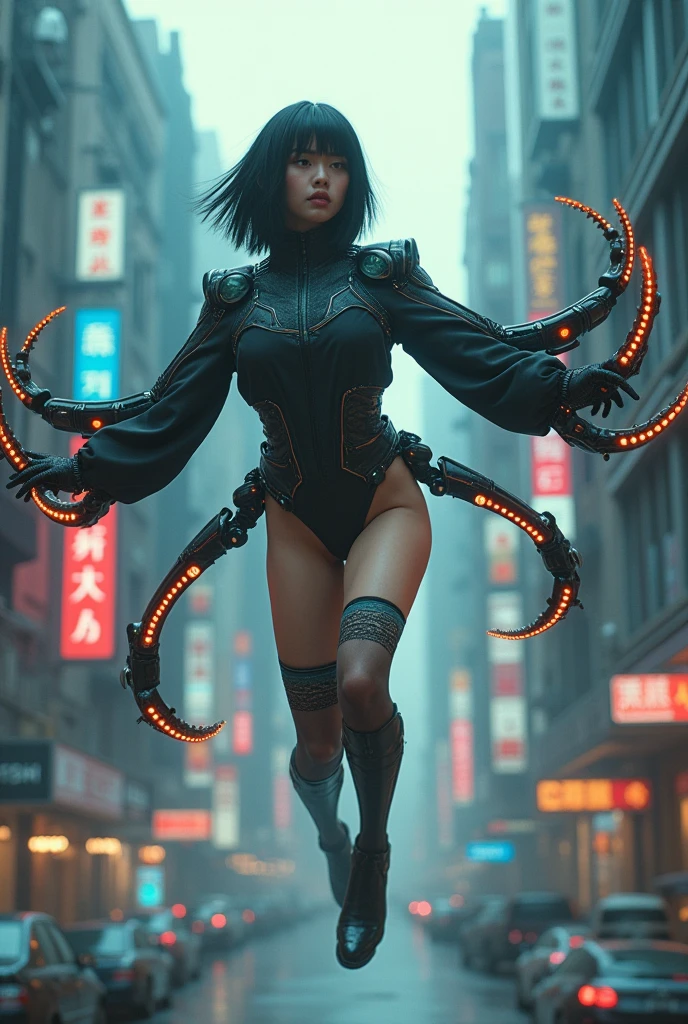 Doctress octopus is (a super pretty taiwanese native american mix girl 18yo)(cool cyberpunk futuristic visor)(bobcut black shiny hair) (shinto priest costume mini) (flying all over the city) ((8 long mechanical arms sprouting from her back)) (grappling buildings) (high tech glowing gauntlets) (lace thigh highs) (superhero poster shot) (64k uhd super detailed dramatic) (wide camera 24mm canon eos r850) (from below)
