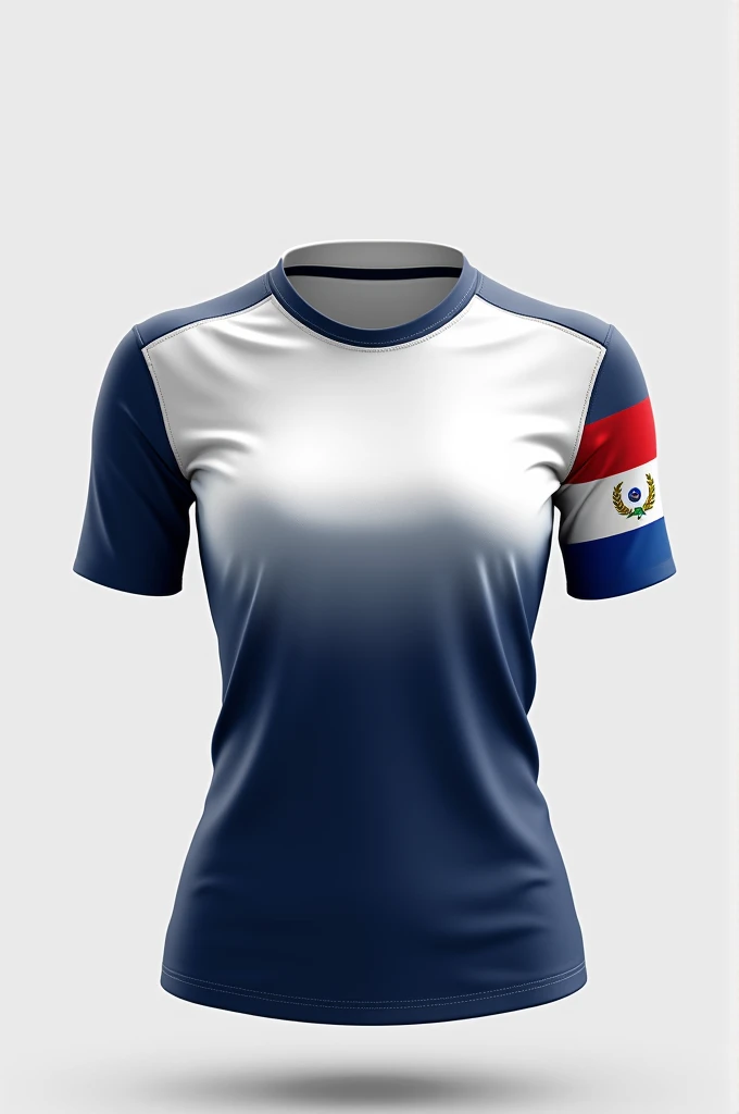 Create a women&#39;s sports shirt, in white with a deep navy blue gradient, add paraguay flag on a sleeve 