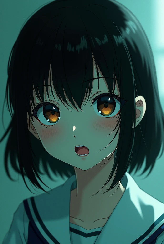 Surreal close-up of a schoolgirl, Shintaro Kago style, evoking horror anime elements, vivid colors, dreamlike atmosphere, horror manga influences, volumetric lighting, dramatic lighting, ultra clear.