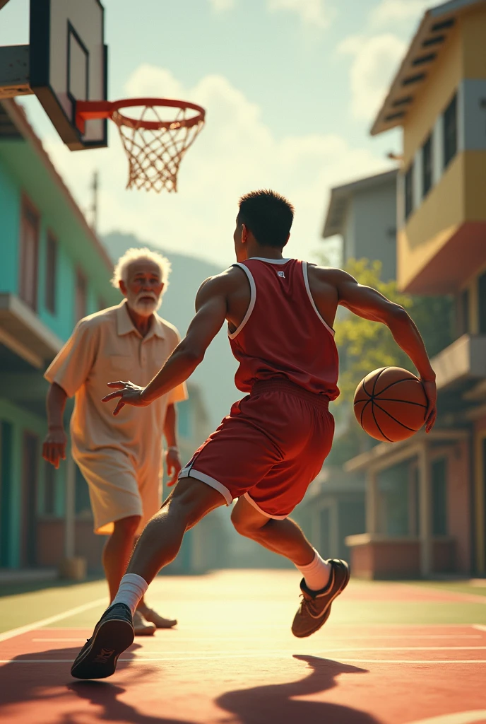Filipino Basketball player with his old aged angel father watching him play basketball 