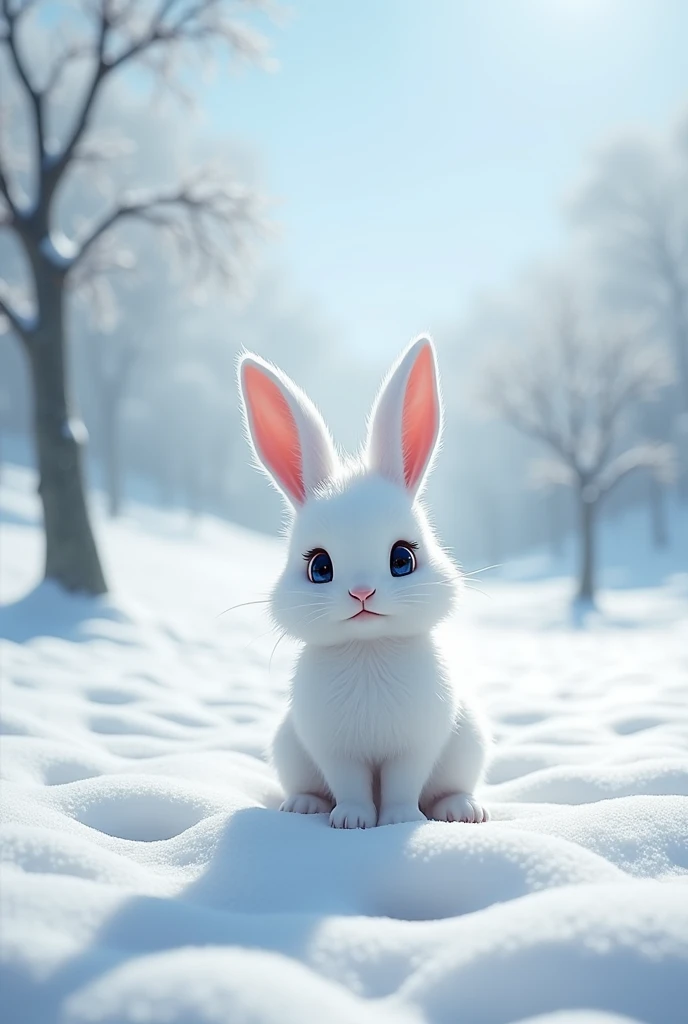 a white rabbit afraid in the snow
