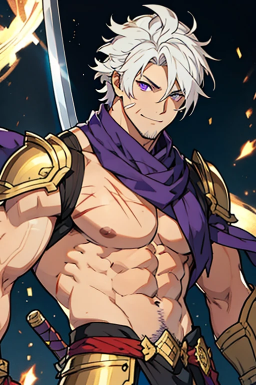 3 man, short white hair, purple eyes, muscular, golden armor with bare chest, with scars on the face, with big pecs, with lots of white chest hair , with a sword, with a smile 