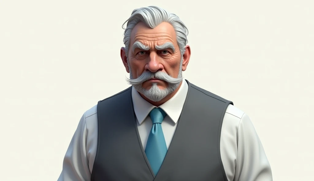 Make a 3D DRAWING of a serious and imposing character from Paranormal Order RPG, of an elderly gentleman in his fifties or sixties, he has gray hair, with a full mustache, sideburns and a goatee of the same shade, . He wears a white dress shirt underneath a gray vest., besides wearing a sky blue tie. make the person in the form of a drawing. make a 3d drawing of the character