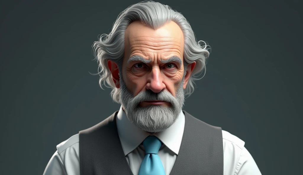 Make a 3D DRAWING of a serious and imposing character from Paranormal Order RPG, of an elderly gentleman in his fifties or sixties, he has gray hair, with a full mustache, sideburns and a goatee of the same shade, . He wears a white dress shirt underneath a gray vest., besides wearing a sky blue tie. make the person in the form of a drawing. make a 3d drawing of the character