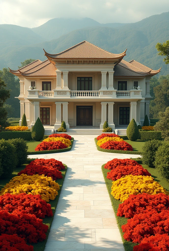 2 story building that is very very lengthy and well organized sorrounded by flowers especially red and yellow