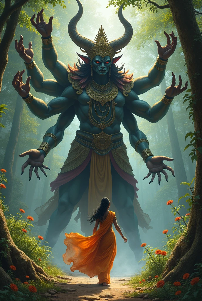 Narrator: "The demon king Ravana abducts Sita."
Ravana appears, a menacing figure.