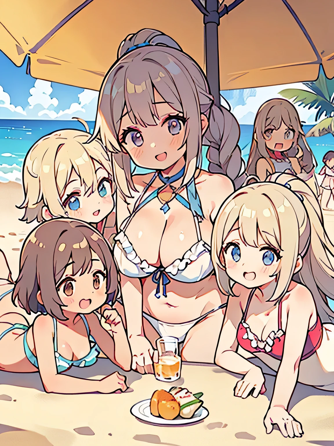 Highest quality、High resolution、Detailed Background、Realistic、RAW Photos、(Beautiful face in every detail:1.4)、Anatomically correct、(Normal number of fingers:1.2)、(Highly detailed face:1.4)、(Detailed eyes)、age beauty、Perfect body line、(Huge breasts:1.2)、Light color hair、ponytail、Braided bob cut、Braided long hair、Wavy Hairstyle、well-groomed eyebrows、Cute gestures、Jokingly、Sunny sandy beach、Show the whole body、fits on the screen、Frilled bikini、bandeau bikini、A big smile、smile、
(Four beautiful pretty girls having fun with friends:1.5)、cute