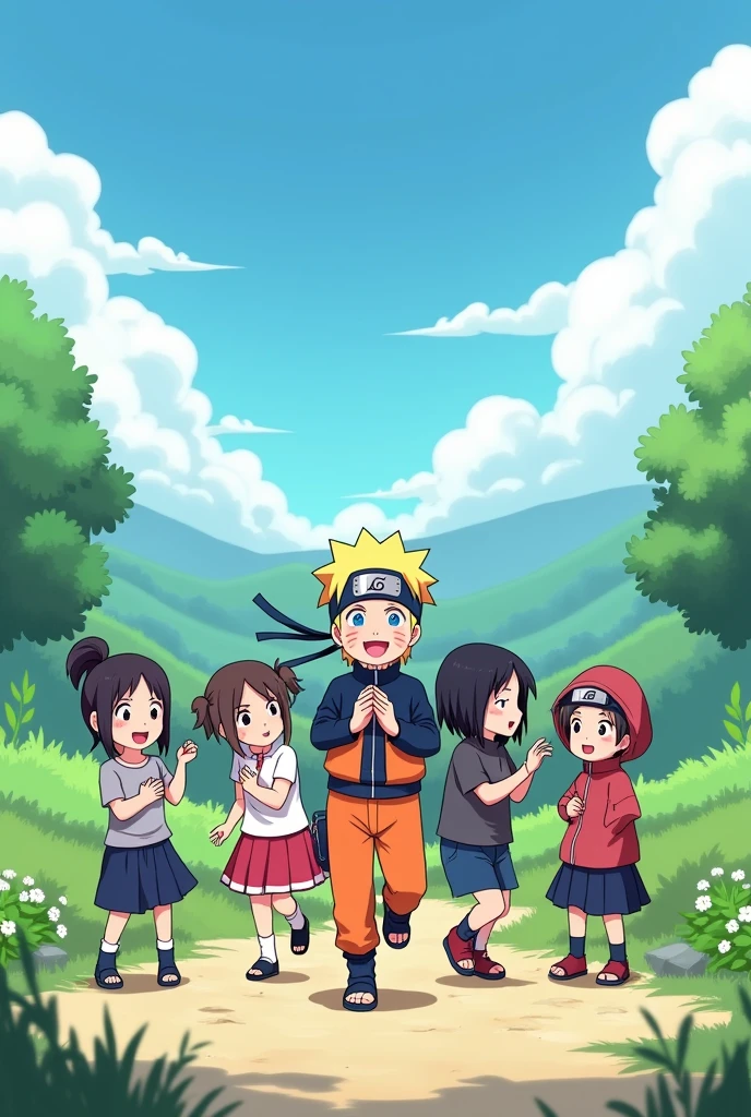 Create an anime style image from the anime Naruto. Being children. With Naruto,hinata, Sasuke Shino and Shikamaru. Posing.