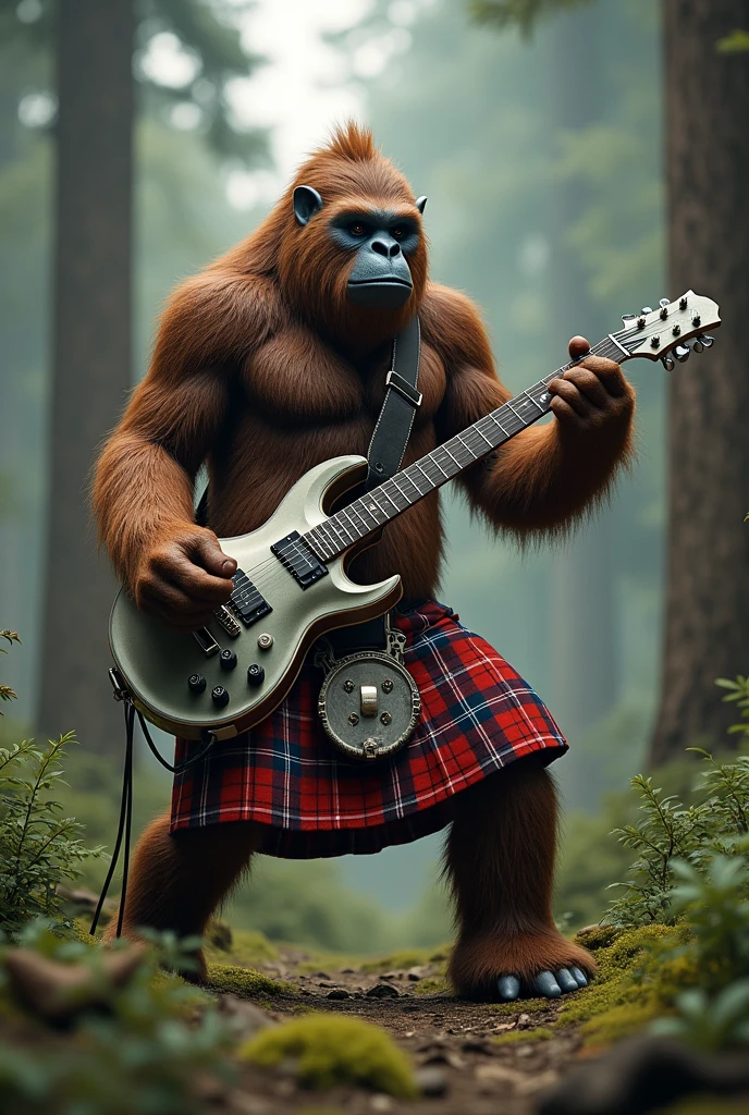 Bigfoot, playing electric guitar, wearing a kilt