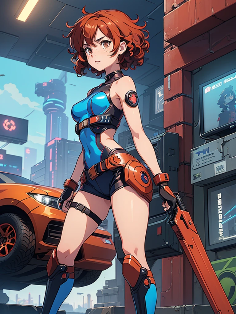 (masterpiece), (best quality),(1 girl),adult, red copper hair,(brown eyes),curly hair,(short curly hair), anime style, freckles, (small breasts),(petite figure), (blue outfit),(cyberpunk clothes)),(battle outfit),(badass outfit),legs, desert background