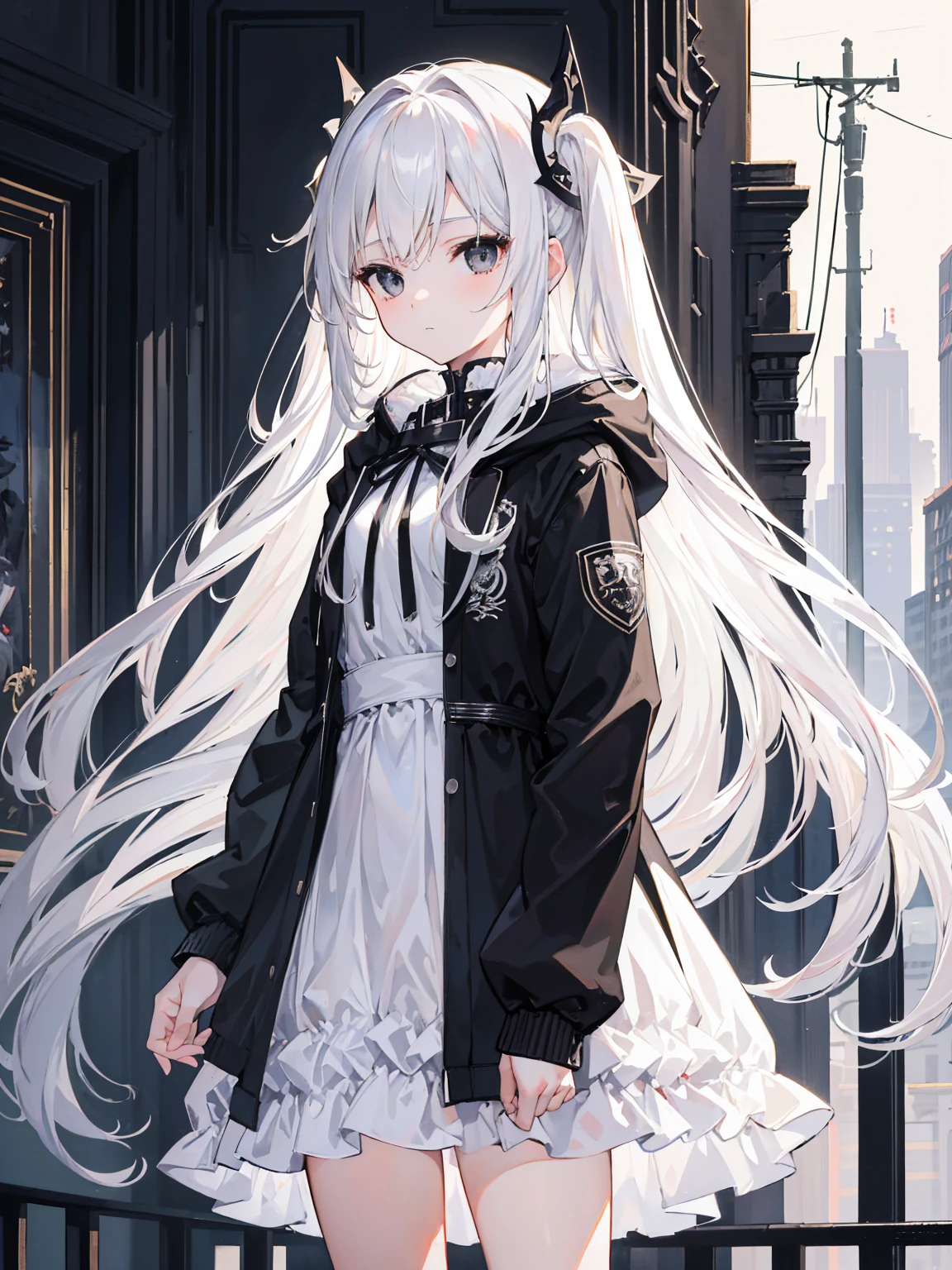 close-up, masterpiece, best quality, high details, (((a girl))), ((white long hair:1.2)), (black eyes:1.3), closed mouth, expressionless, Anime girl wearing Black jacket, white dress, Standing on the balcony