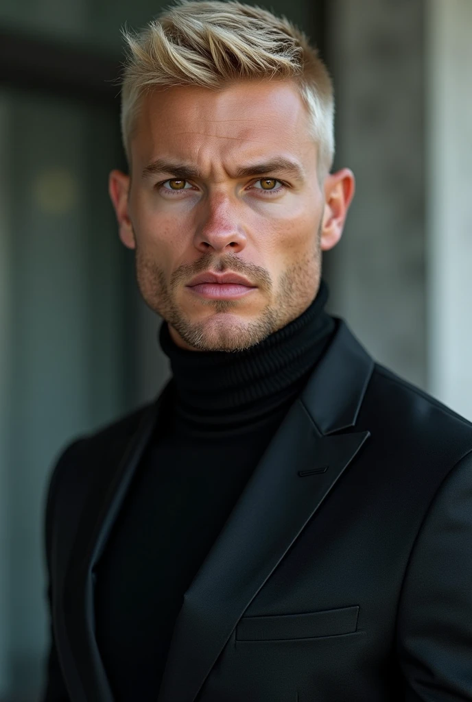 fot, masculine perfection, strong chin, fleshy lips, roman nose, short blonde hair, hazel eyes, hyperrealisti, 8k-v4 . Modern fashion haute couture futuristic fashion. Modern black clothing