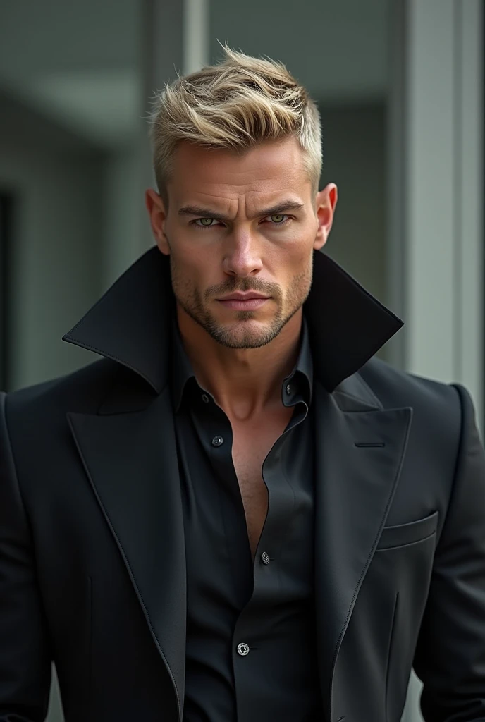 fot, masculine perfection, strong chin, fleshy lips, roman nose, short blonde hair, hazel eyes, hyperrealisti, 8k-v4 . Modern fashion haute couture futuristic fashion. Modern black clothing