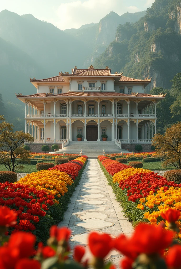 2 story building that is very very lengthy and well organized sorrounded by flowers especially red and yellow 
