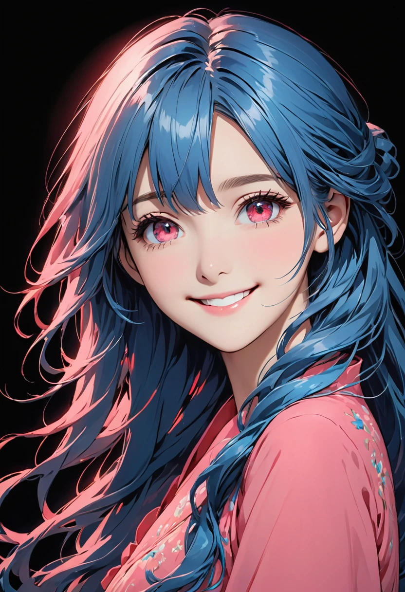 Girl in pink dress, with beautiful eyes and face, single girl, alone, blue hair, looking at viewer, black background, , long hair, , simple background, upper body, long sleeve, smile, red eyes,