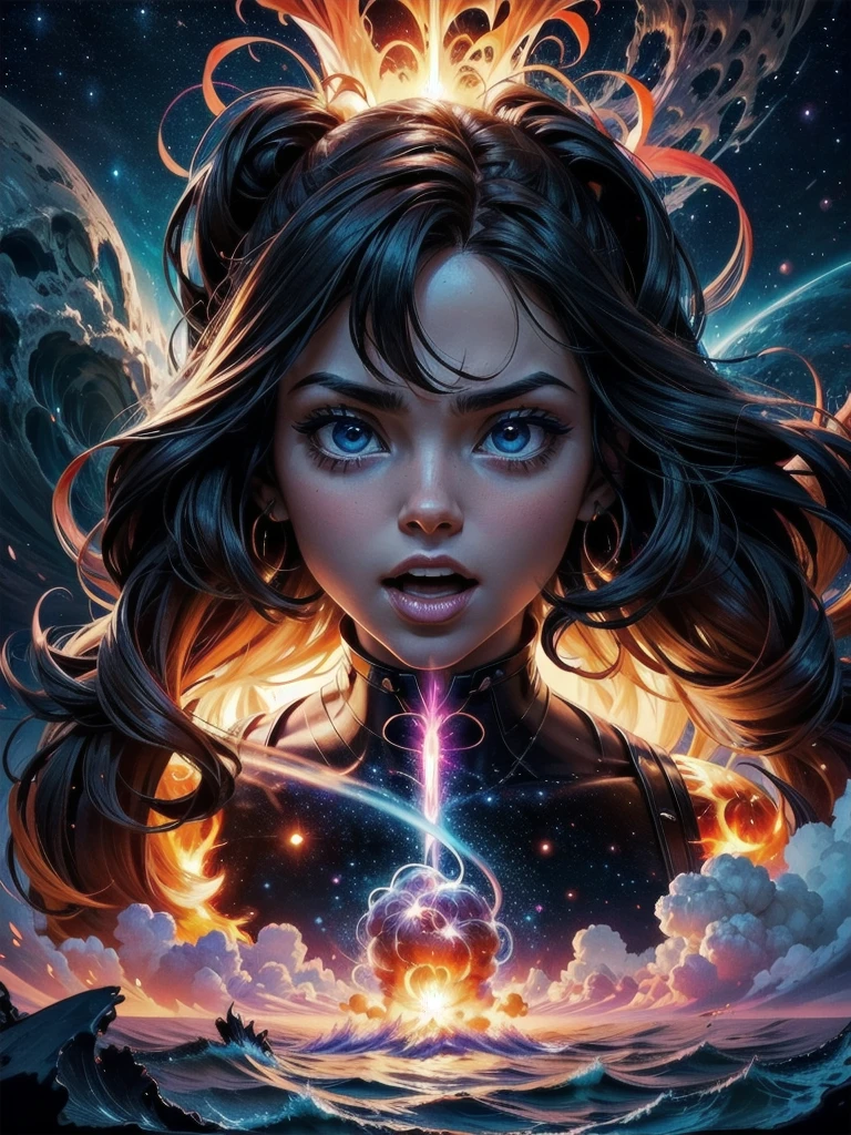 Illustrate the dramatic moment when the Co-creator, a majestic entity, is creating the universe. Show the initial explosion, similar to the Big Bang, with a wave of light and energy radiating outwards. The Co-creator tries to contain the force of the explosion, but is swallowed by the vortex created. The cover should capture the magnitude of the explosion and the desperation of the Co-Creator being sucked into her own creation., with a vibrant, contrasting color palette to emphasize the chaos 