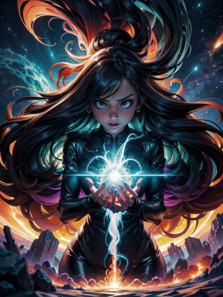 Illustrate the dramatic moment when the Co-creator, a majestic entity, is creating the universe. Show the initial explosion, similar to the Big Bang, with a wave of light and energy radiating outwards. The Co-creator tries to contain the force of the explosion, but is swallowed by the vortex created. The cover should capture the magnitude of the explosion and the desperation of the Co-Creator being sucked into her own creation., with a vibrant, contrasting color palette to emphasize the chaos 