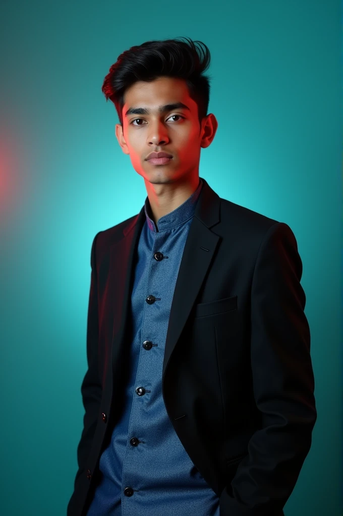 A young boy age 15+ with dark hair.He is dressed in a black blazer over a blu panjabi. The man is positioned againts aqua color backdrop with a subtle red ligthing on the left side.and he posing for linkerdin profile