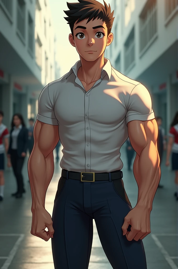 Very muscular ager in tight uniform at school
