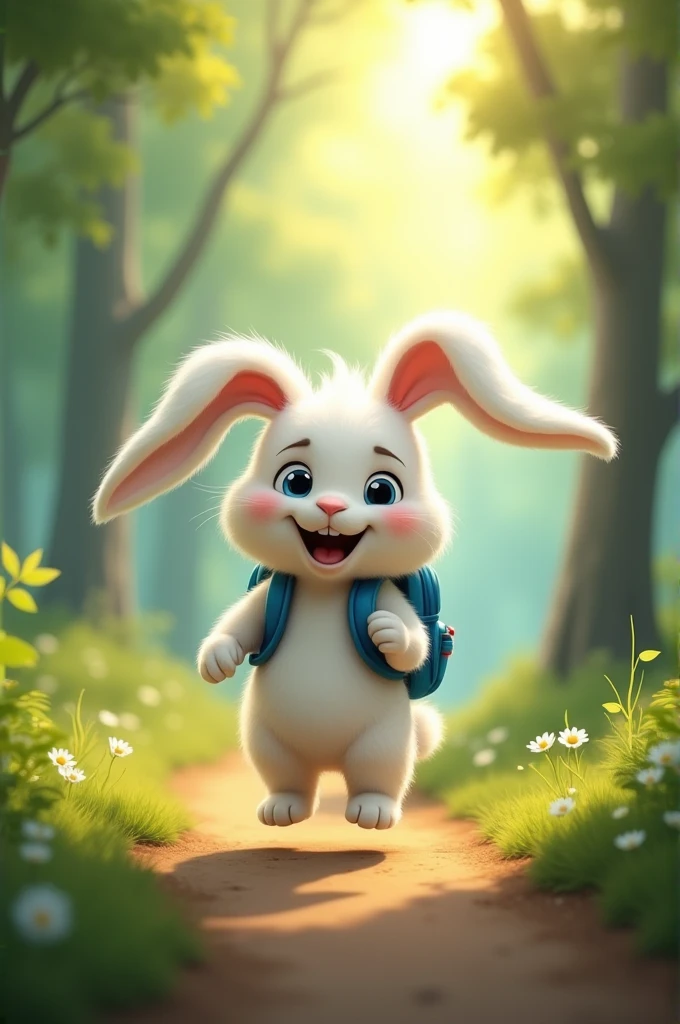 A white rabbit with long, floppy ears carries a blue backpack on a forest path. The path is surrounded by green trees and sunlight filters through the leaves., creating a calm environment. The rabbit seems to be moving, with an excited expression on his face, as if I were on my way to school."