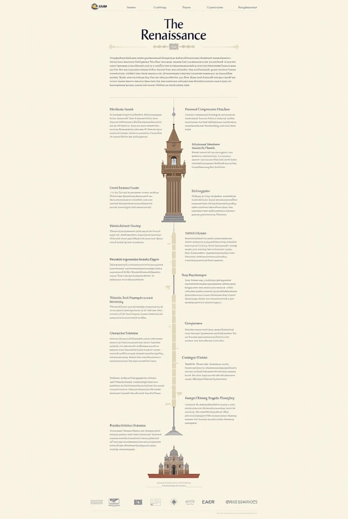 Create a one-page image that provides information about the origins and evolution of the Renaissance, using a minimalist approach and hypermedia mapping. You must include:
A side or top menu showing the different sections of the tour (Origin and evolution, Representative works, Famous representatives, architecture).
A concise and well-structured text on the origins and evolution of the Renaissance, with links to more information.
An interactive timeline that allows the user to explore key events of the Renaissance.
Make sure navigation is intuitive and design elements are kept simple and elegant.